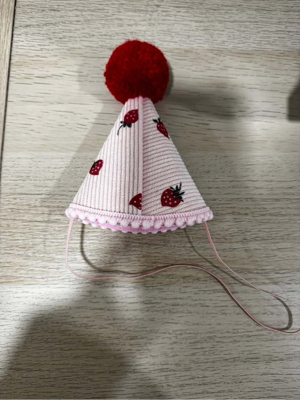 Kids 1st Birthday Strawberry Party Hat - Pink with Red Pom Pom
